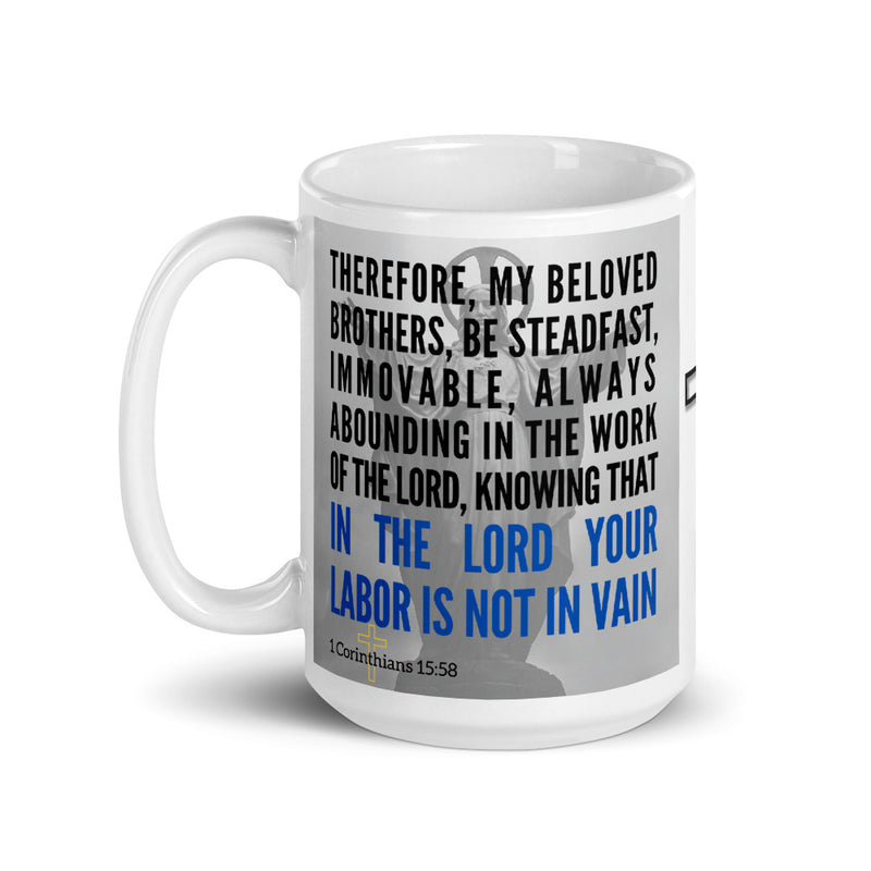 1 Corinthians 15:58 Bible Verse Gift Coffee Mug with Image of Christ