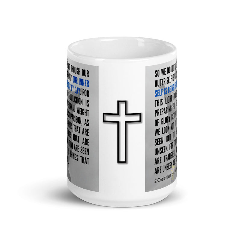 2 Corinthians 4:16-18 Bible Verse Gift Coffee Mug with Image of Christ