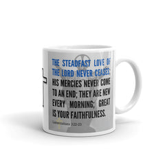 Lamentations 3:22-23 Bible Verse Gift Coffee Mug with Image of Christ