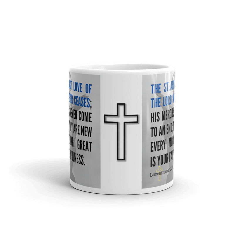 Lamentations 3:22-23 Bible Verse Gift Coffee Mug with Image of Christ