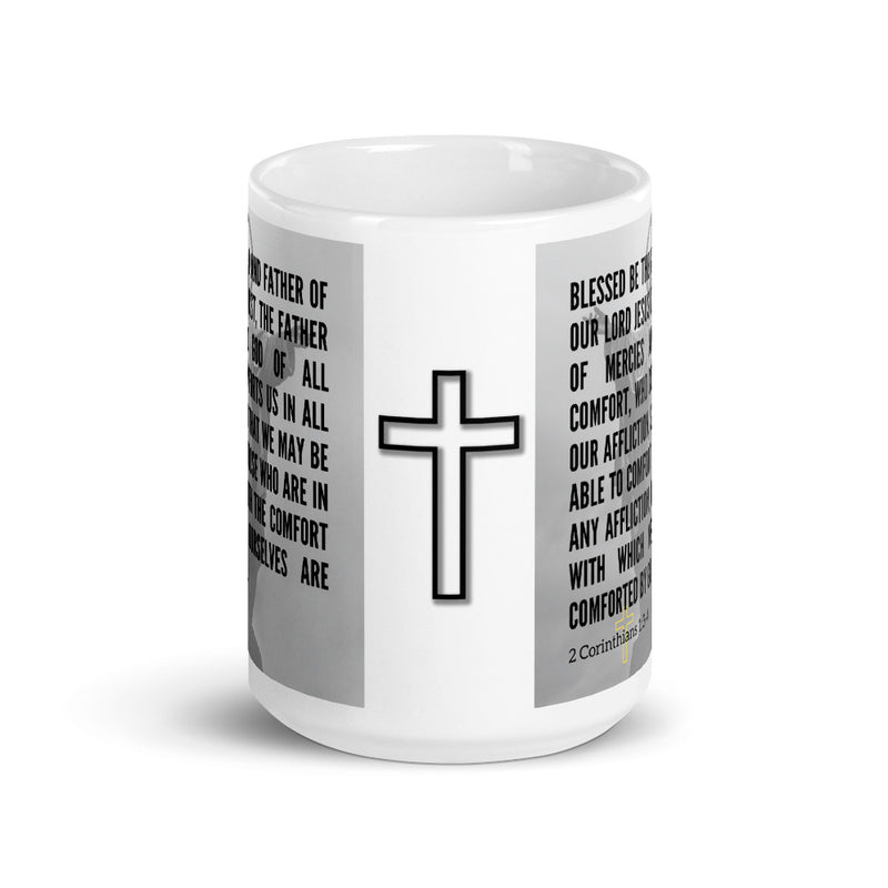 2 Corinthians 1:3-4 Bible Verse Gift Coffee Mug with Image of Christ