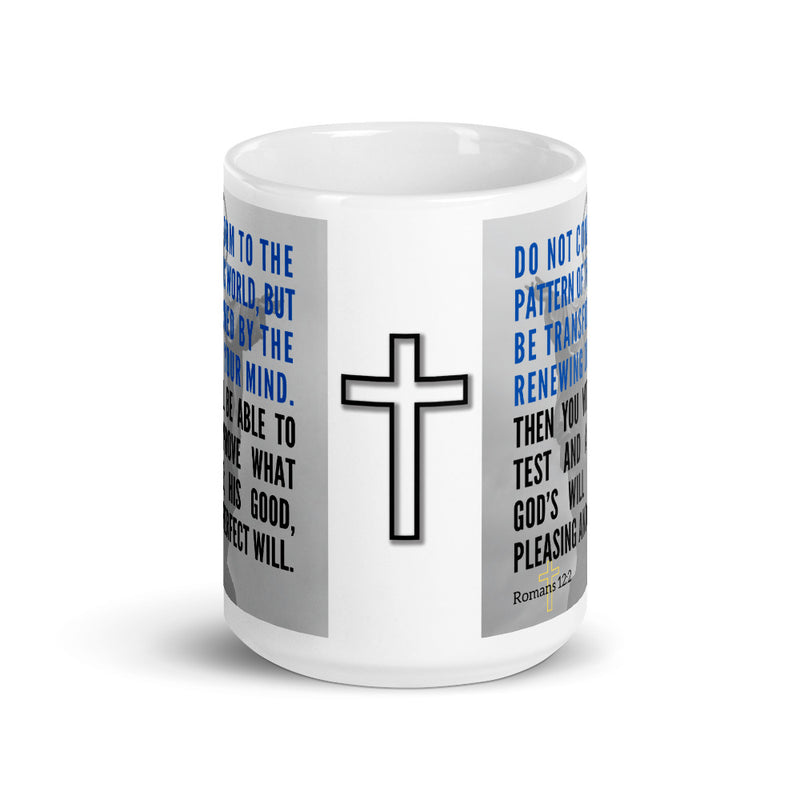 Romans 12:2 Bible Verse Gift Coffee Mug with Image of Christ