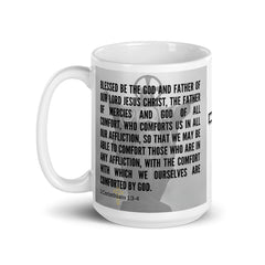 2 Corinthians 1:3-4 Bible Verse Gift Coffee Mug with Image of Christ