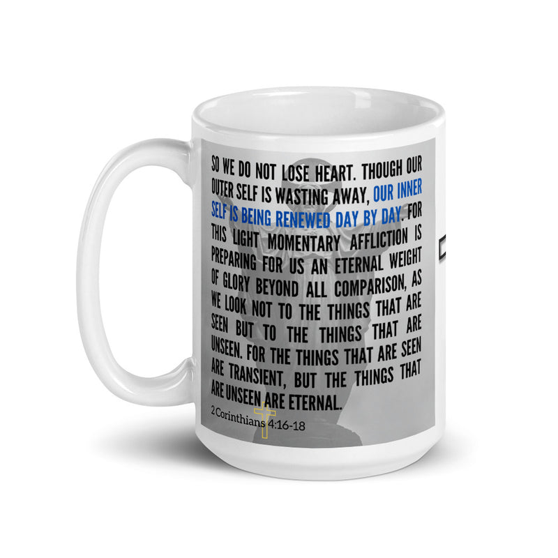 2 Corinthians 4:16-18 Bible Verse Gift Coffee Mug with Image of Christ