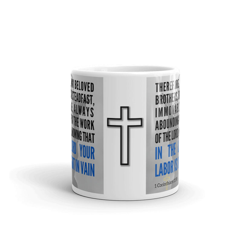 1 Corinthians 15:58 Bible Verse Gift Coffee Mug with Image of Christ