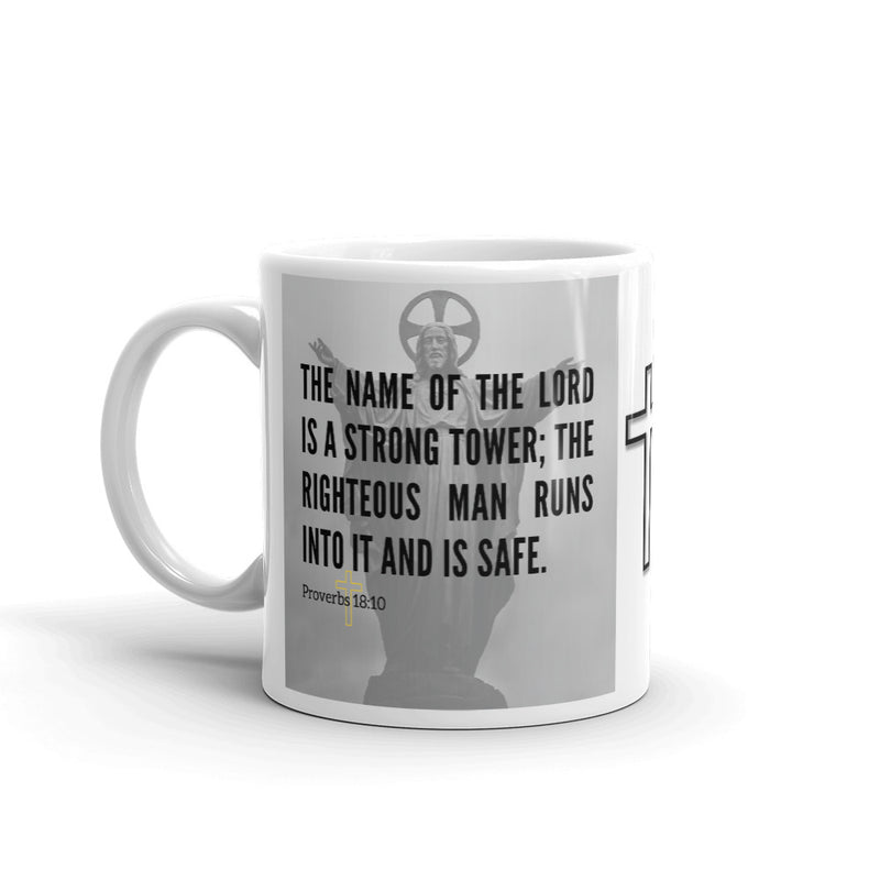 Proverbs 18:10 Bible Verse Gift Coffee Mug with Image of Christ