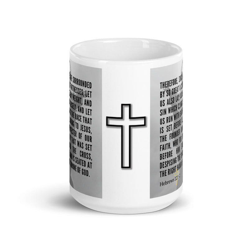 Hebrews 12:1-2 Bible Verse Gift Coffee Mug with Image of Christ