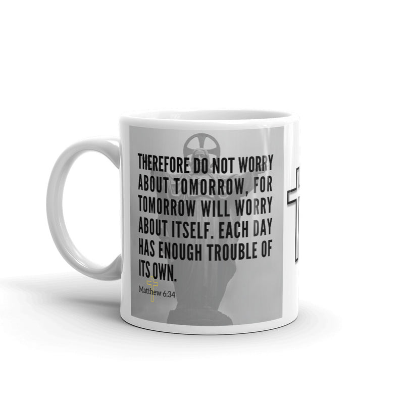 Matthew 6:34 Bible Verse Gift Coffee Mug with Image of Christ