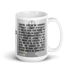 Hebrews 12:1-2 Bible Verse Gift Coffee Mug with Image of Christ