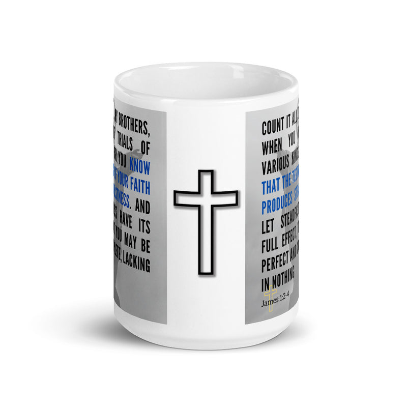 James 1:2-4 Bible Verse Gift Coffee Mug with Image of Christ