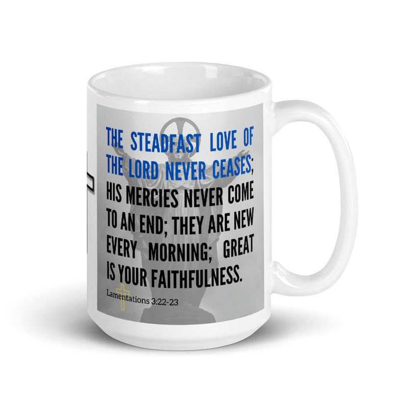 Lamentations 3:22-23 Bible Verse Gift Coffee Mug with Image of Christ