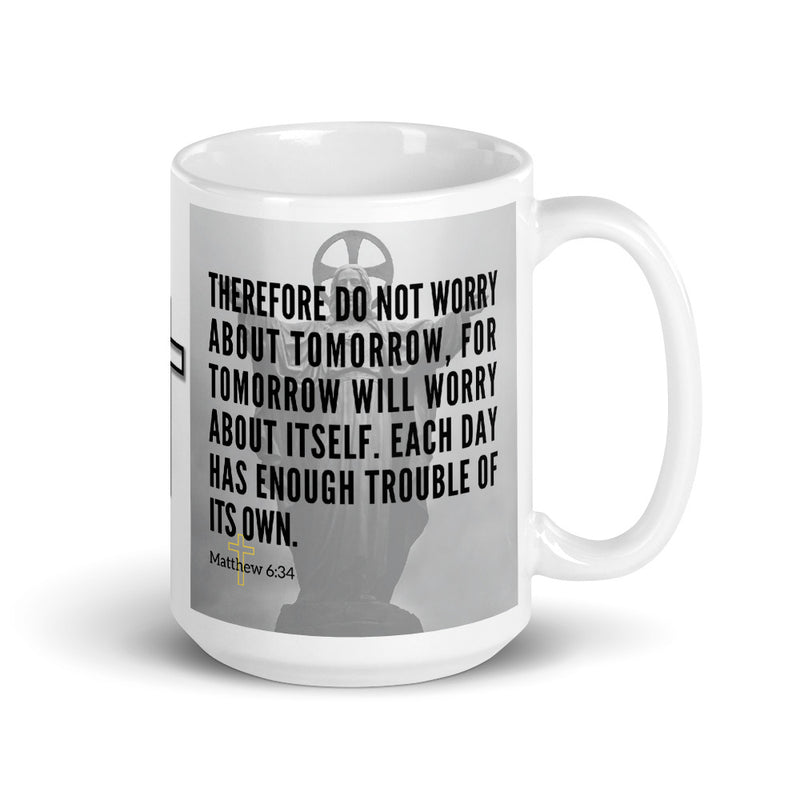 Matthew 6:34 Bible Verse Gift Coffee Mug with Image of Christ