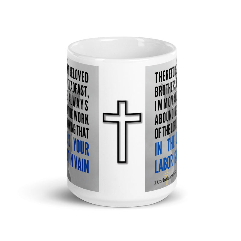 1 Corinthians 15:58 Bible Verse Gift Coffee Mug with Image of Christ