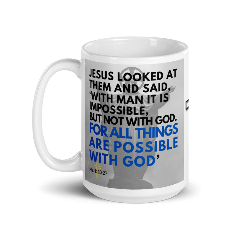 Mark 10:27 Bible Verse Gift Coffee Mug with Image of Christ