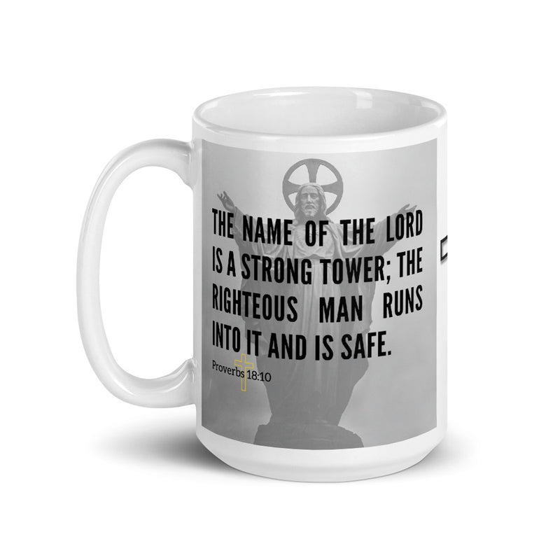 Proverbs 18:10 Bible Verse Gift Coffee Mug with Image of Christ