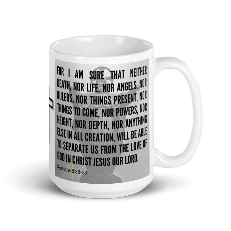 Romans 8:38-39 Bible Verse Gift Coffee Mug with Image of Christ