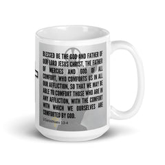 2 Corinthians 1:3-4 Bible Verse Gift Coffee Mug with Image of Christ