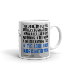 1 Corinthians 15:58 Bible Verse Gift Coffee Mug with Image of Christ