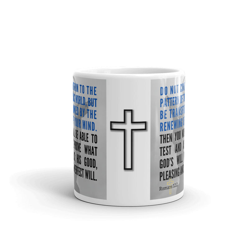 Romans 12:2 Bible Verse Gift Coffee Mug with Image of Christ