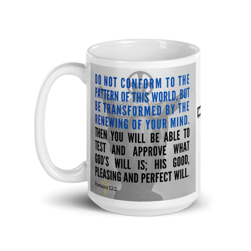 Romans 12:2 Bible Verse Gift Coffee Mug with Image of Christ