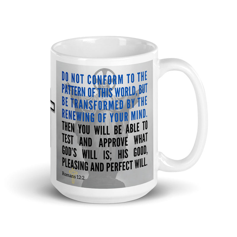 Romans 12:2 Bible Verse Gift Coffee Mug with Image of Christ