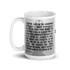 Hebrews 12:1-2 Bible Verse Gift Coffee Mug with Image of Christ