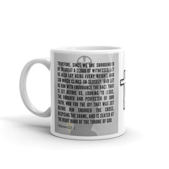 Hebrews 12:1-2 Bible Verse Gift Coffee Mug with Image of Christ