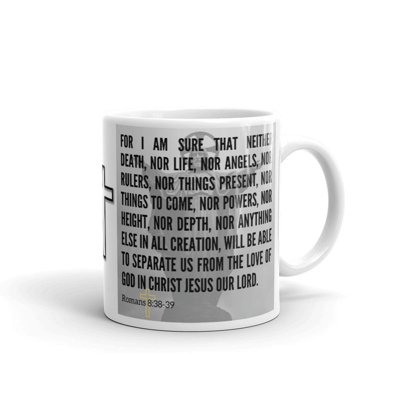 Romans 8:38-39 Bible Verse Gift Coffee Mug with Image of Christ