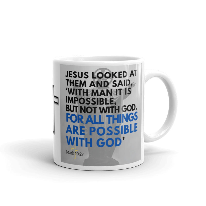 Mark 10:27 Bible Verse Gift Coffee Mug with Image of Christ