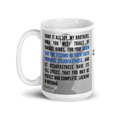 James 1:2-4 Bible Verse Gift Coffee Mug with Image of Christ