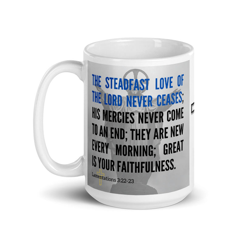 Lamentations 3:22-23 Bible Verse Gift Coffee Mug with Image of Christ