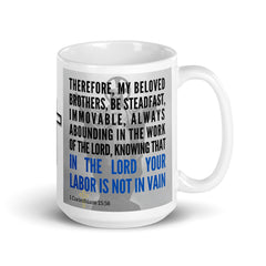 1 Corinthians 15:58 Bible Verse Gift Coffee Mug with Image of Christ