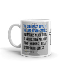 Lamentations 3:22-23 Bible Verse Gift Coffee Mug with Image of Christ