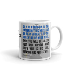 Romans 12:2 Bible Verse Gift Coffee Mug with Image of Christ