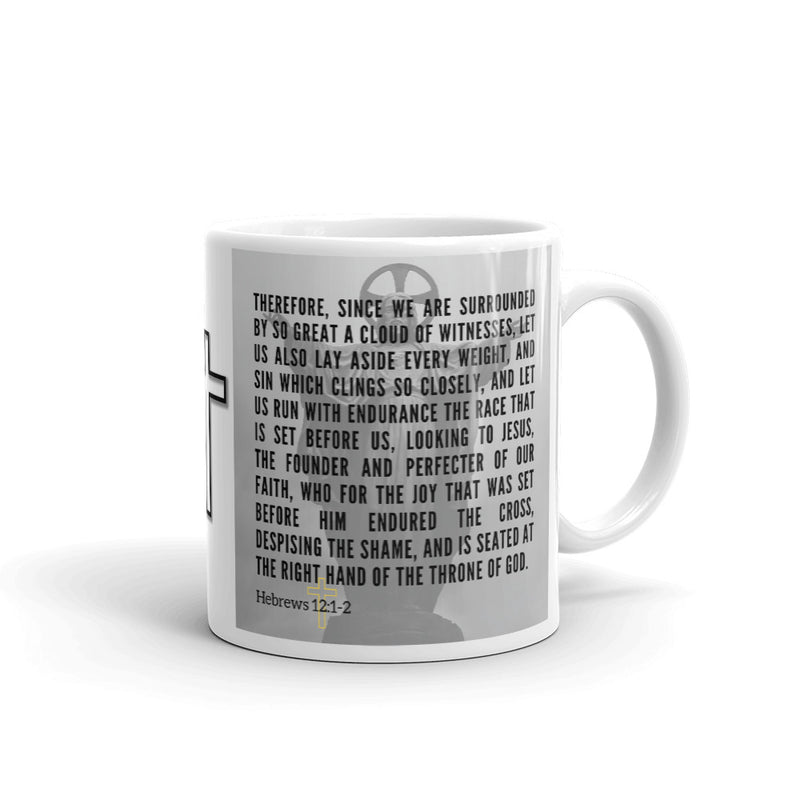 Hebrews 12:1-2 Bible Verse Gift Coffee Mug with Image of Christ