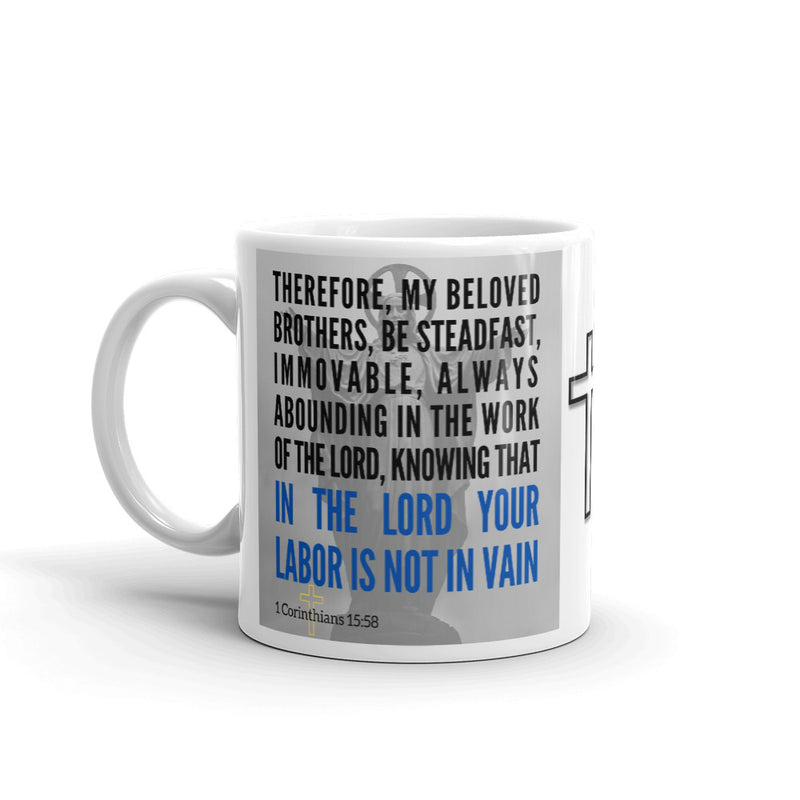 1 Corinthians 15:58 Bible Verse Gift Coffee Mug with Image of Christ