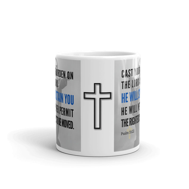 Psalm 55:22 Bible Verse Gift Coffee Mug with Image of Christ