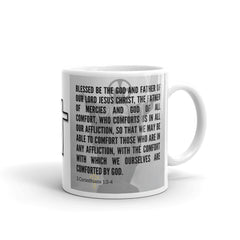 2 Corinthians 1:3-4 Bible Verse Gift Coffee Mug with Image of Christ