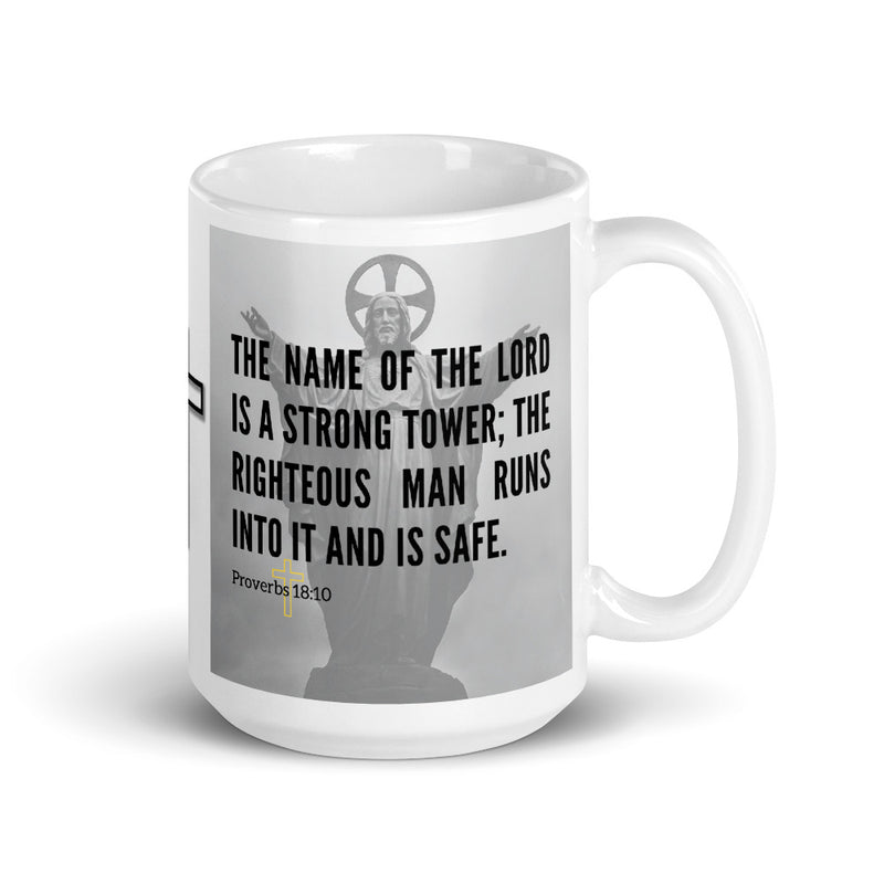 Proverbs 18:10 Bible Verse Gift Coffee Mug with Image of Christ