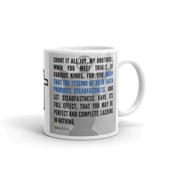 James 1:2-4 Bible Verse Gift Coffee Mug with Image of Christ