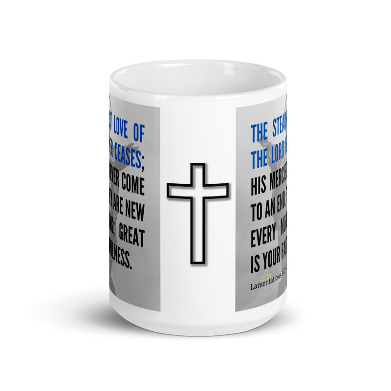 Lamentations 3:22-23 Bible Verse Gift Coffee Mug with Image of Christ