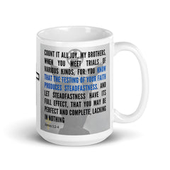 James 1:2-4 Bible Verse Gift Coffee Mug with Image of Christ