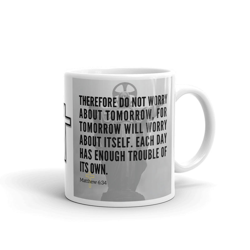 Matthew 6:34 Bible Verse Gift Coffee Mug with Image of Christ