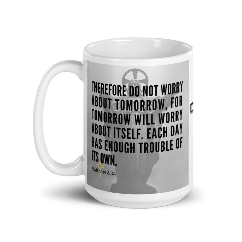 Matthew 6:34 Bible Verse Gift Coffee Mug with Image of Christ